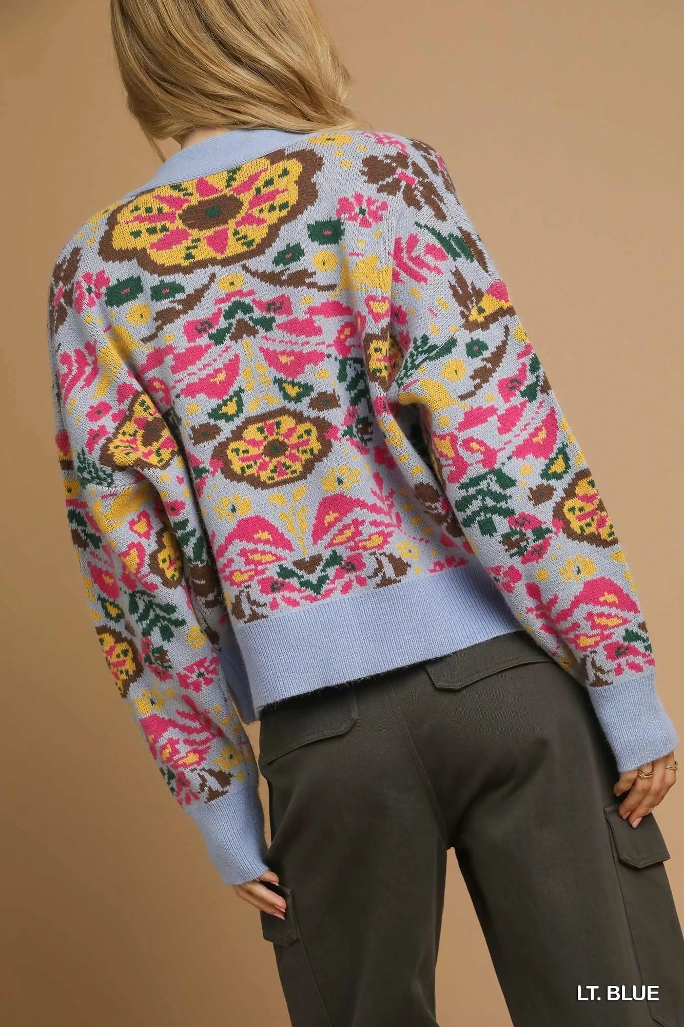 Umgee Light Blue Floral Knit Button-Up Cardigan