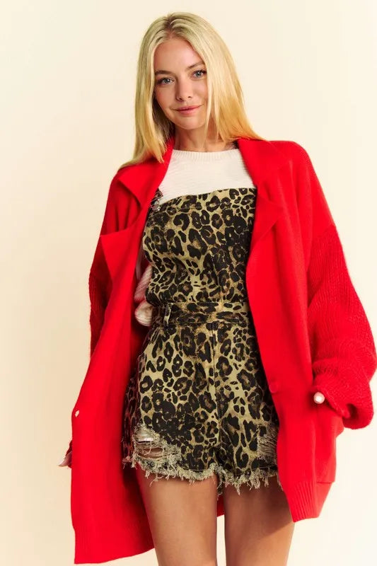 Davi & Dani Red Button Up Dropped Shoulder Cardigan with Pockets Red