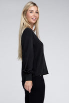 Zenana Woven Airflow V-Neck Long Sleeve Top ZENANA