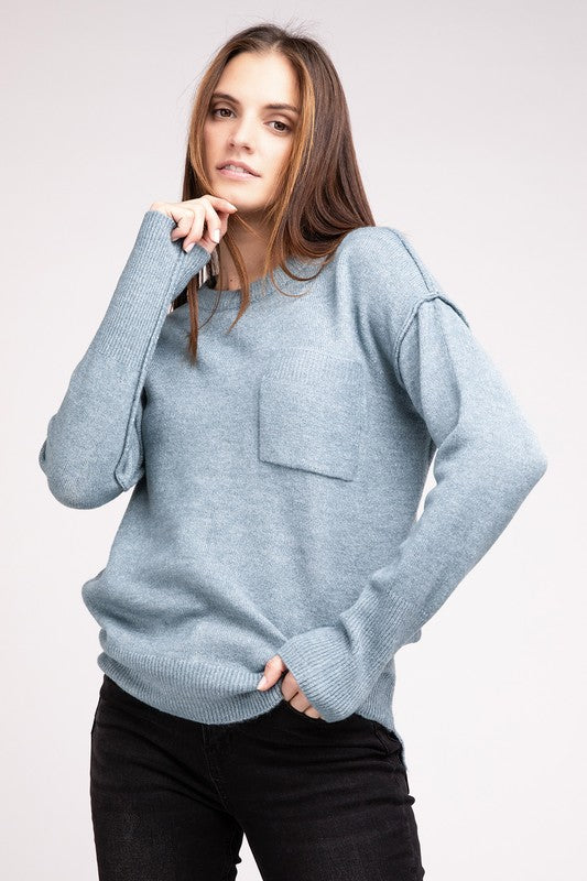 Zenana 9 Colors Melange Hi-Low Hem Round Neck Chest Pocket