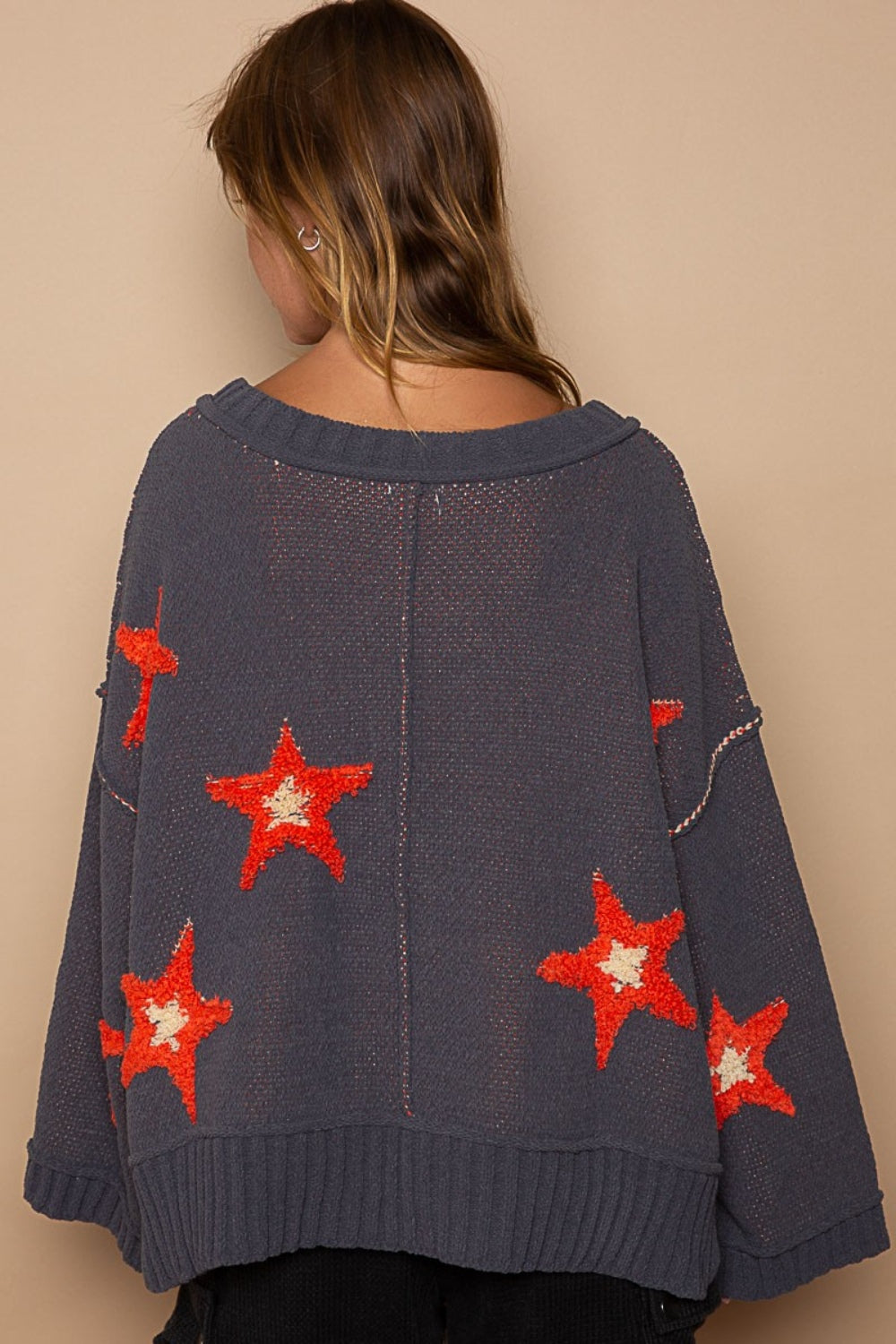 POL Charcoal Long Sleeve Star Berber Patch Sweater Trendsi