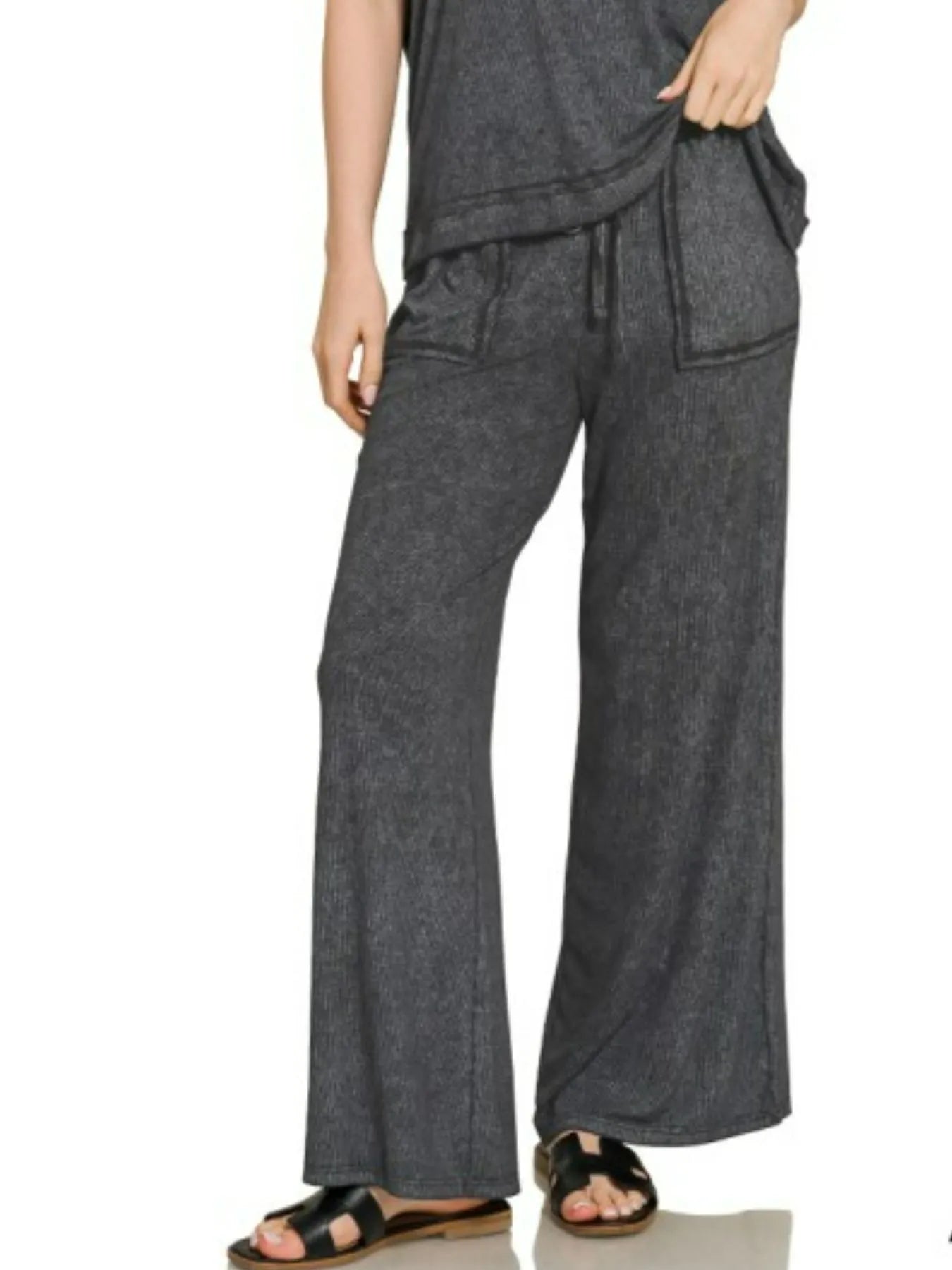 Zenana Black Ribbed Acid Wash Rayon Top & Pants Set