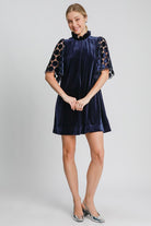 Umgee Navy Dotted Lace Half Sleeve Mock Neck Back Tie Velvet Dress Dresses