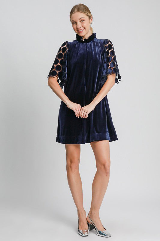 Umgee Navy Dotted Lace Half Sleeve Mock Neck Back Tie Velvet Dress Dresses