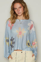 POL Baby Blue Flower Dropped Shoulder Long Sleeve Knit Top Baby Blue