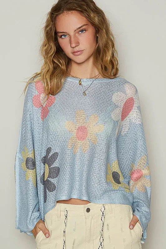 POL Flower Dropped Shoulder Long Sleeve Knit Top Baby Blue