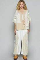 POL Button Down V-Neck Jacket with Printed Woven Patchwork