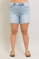 Judy Blue Light Washed Rigid Front Frayed Hem High Rise Denim Magic Shorts with Pockets