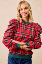 BiBi Christmas Plaid Exaggerated Shoulder Sleeves Top