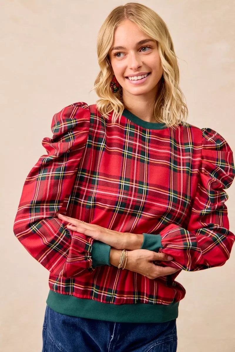 BiBi Christmas Plaid Exaggerated Shoulder Sleeves Top