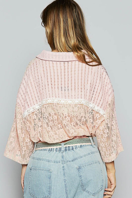 POL Blush Pink Lace Drawstring Hem Button Up 3/4 Sleeve Shacket