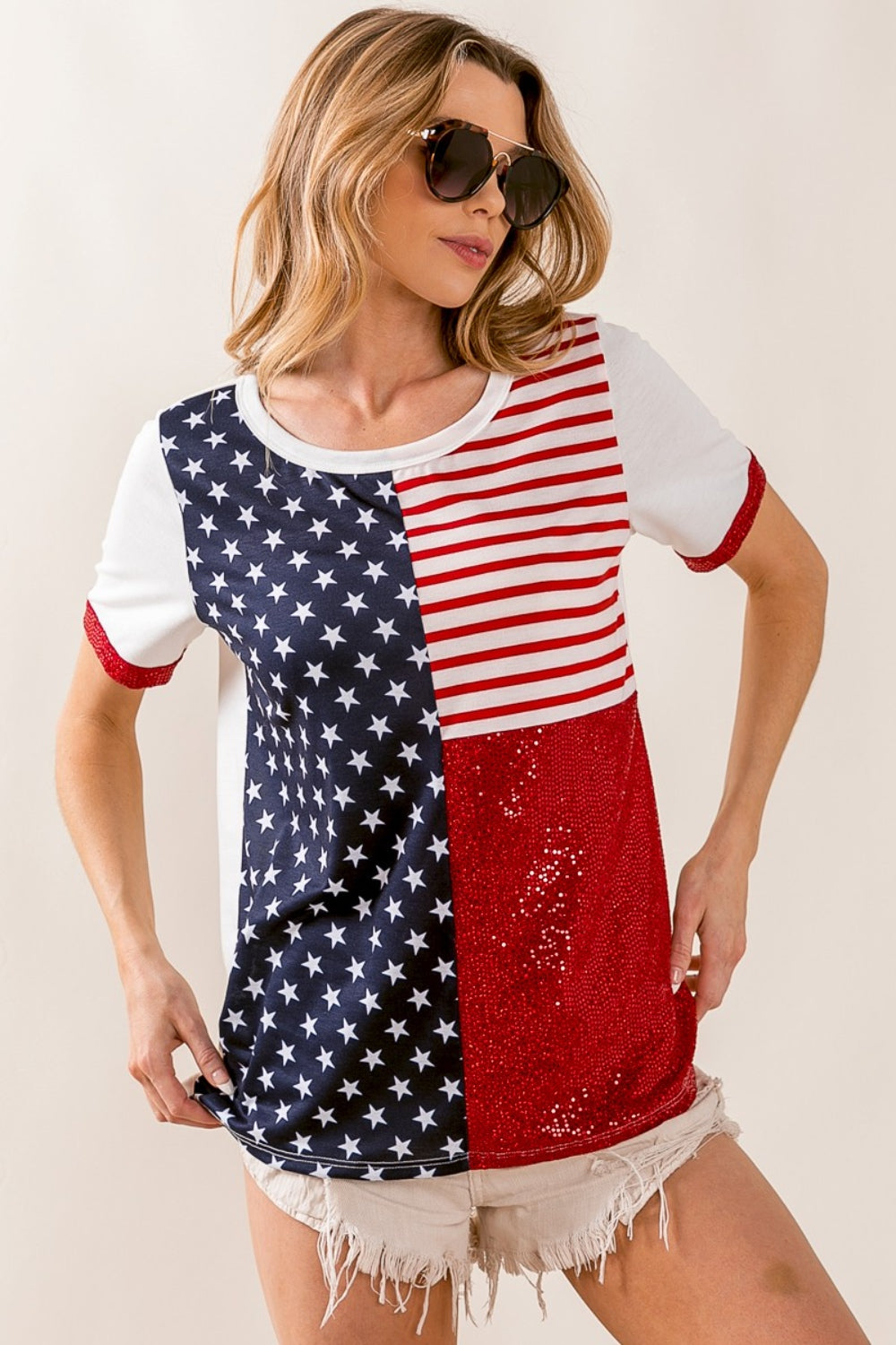 BiBi Star & Stripes Round Neck Short Sleeve T-Shirt Offwht/Navy/Red Trendsi