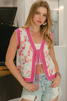 BiBi Ivory & Pink Leopard Sweater Vest With Front Tie and Scallop Detail