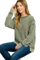 Zenana Dark Green Acid Washed Double Ribbed Exposed-Seam Sweatshirt