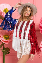 BiBi American Flag Theme Fringe Detailed Sequins Crop Top
