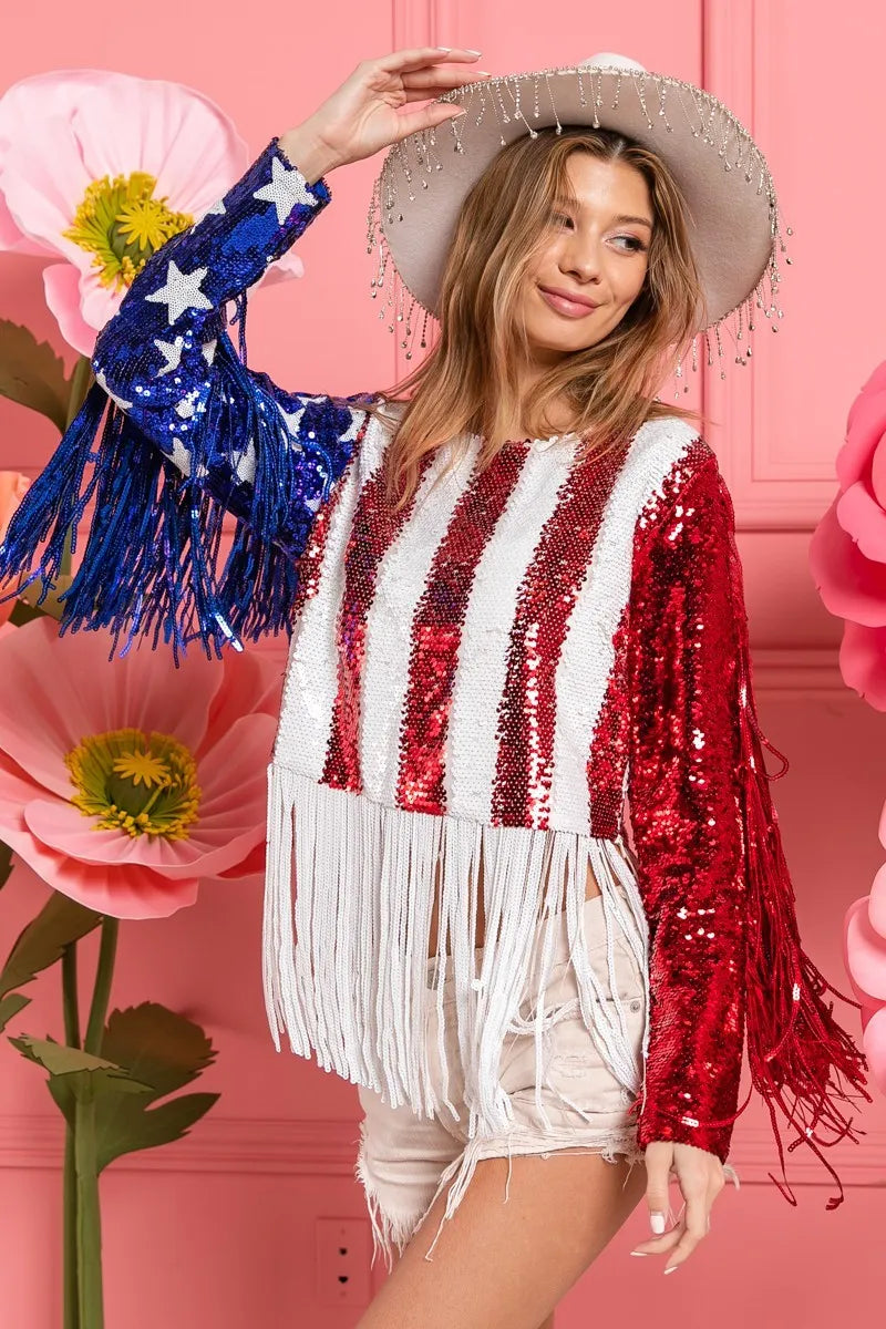 BiBi American Flag Theme Fringe Detailed Sequins Crop Top