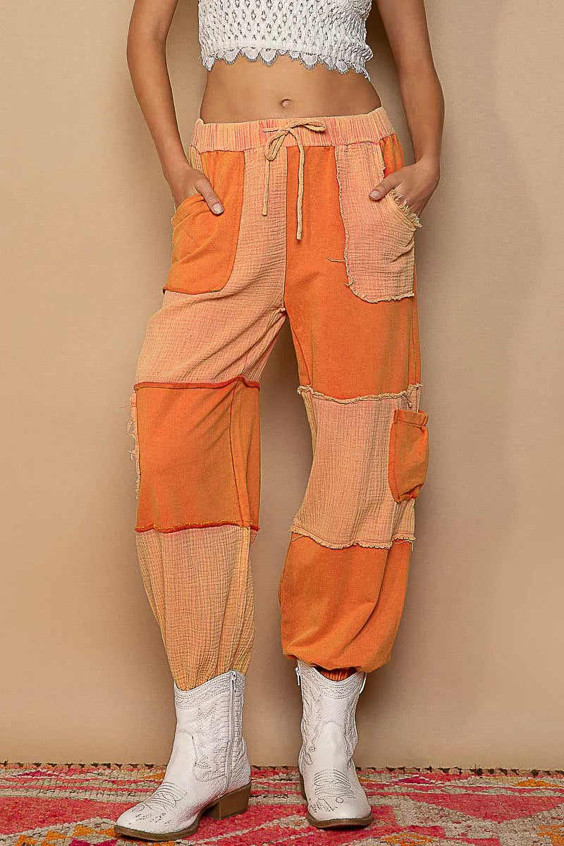 POL Chill Red Drawstring Pocketed Contrast Linen Cargo Jogger Pants CHILL RED