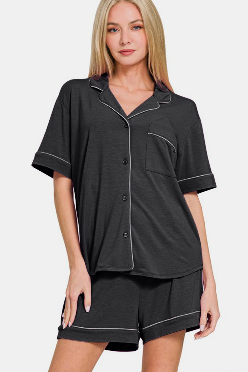 Zenana Black Button Down Short Sleeve Top and Shorts Lounge Set Loungewear