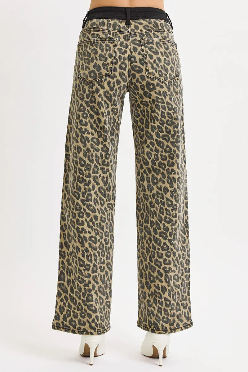 RISEN Coffee High Rise Wide Leg Leopard Printed Jeans with Contrast Waist Band Detail