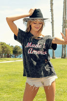 BiBi Laser Cut Mineral Washed Made in America Print Top BLACK CHARCOAL