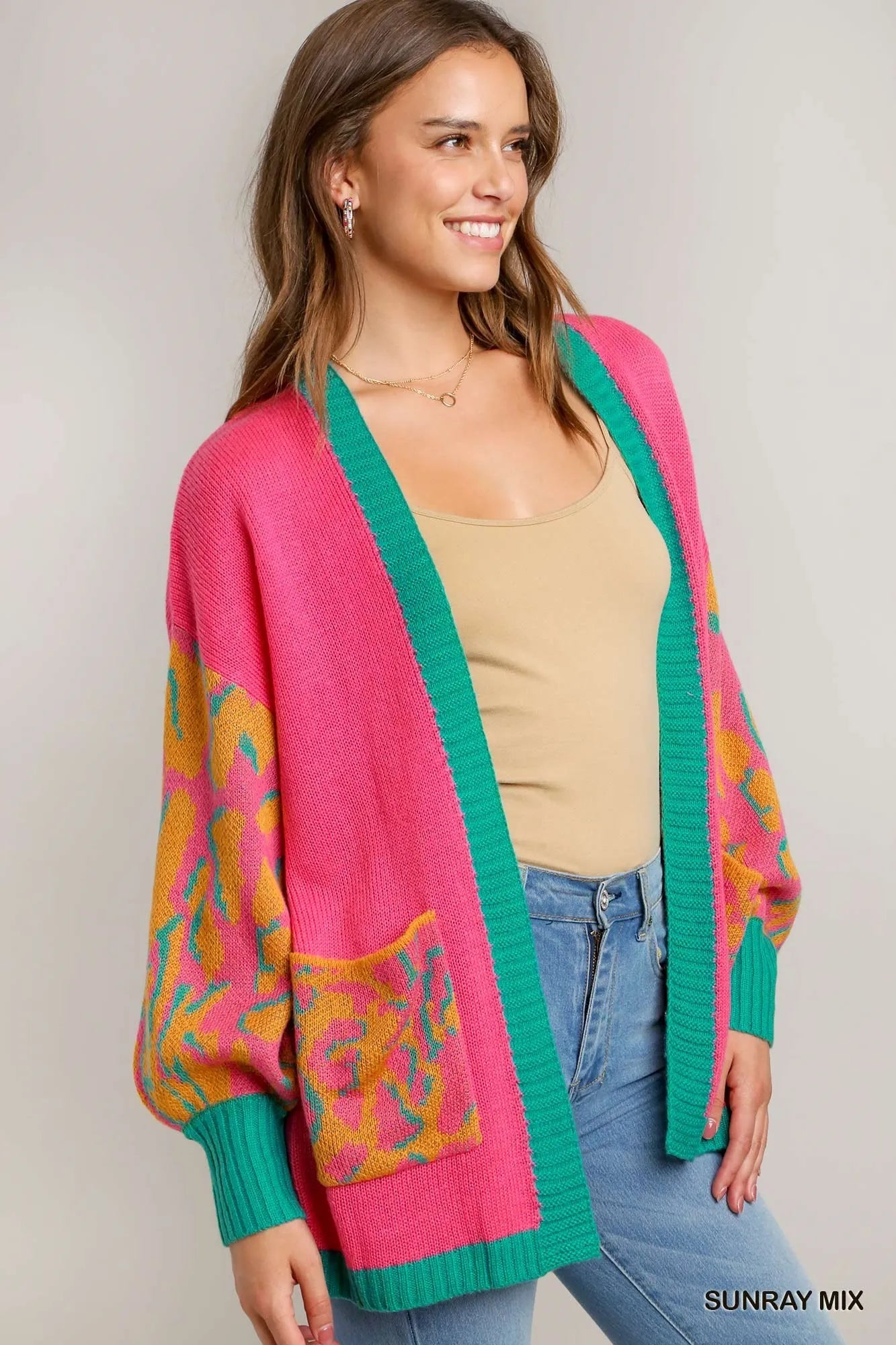 Umgee Sunray Mix Animal Print Open Front Sweater Cardigan