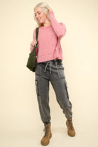 VERY J Black Washed Drawstring Jogger Cargo Jeans Trendsi