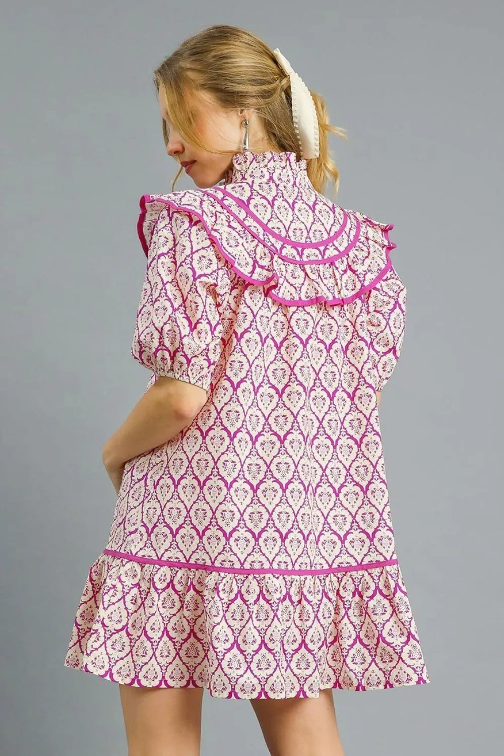 Umgee Hot Pink Abstract Printed Ruffle Trim Puff Sleeve Mini Dress