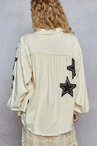 POL Cream Star Patch Raw Hem Button Up Twill Denim Ballon Sleeve Jacket
