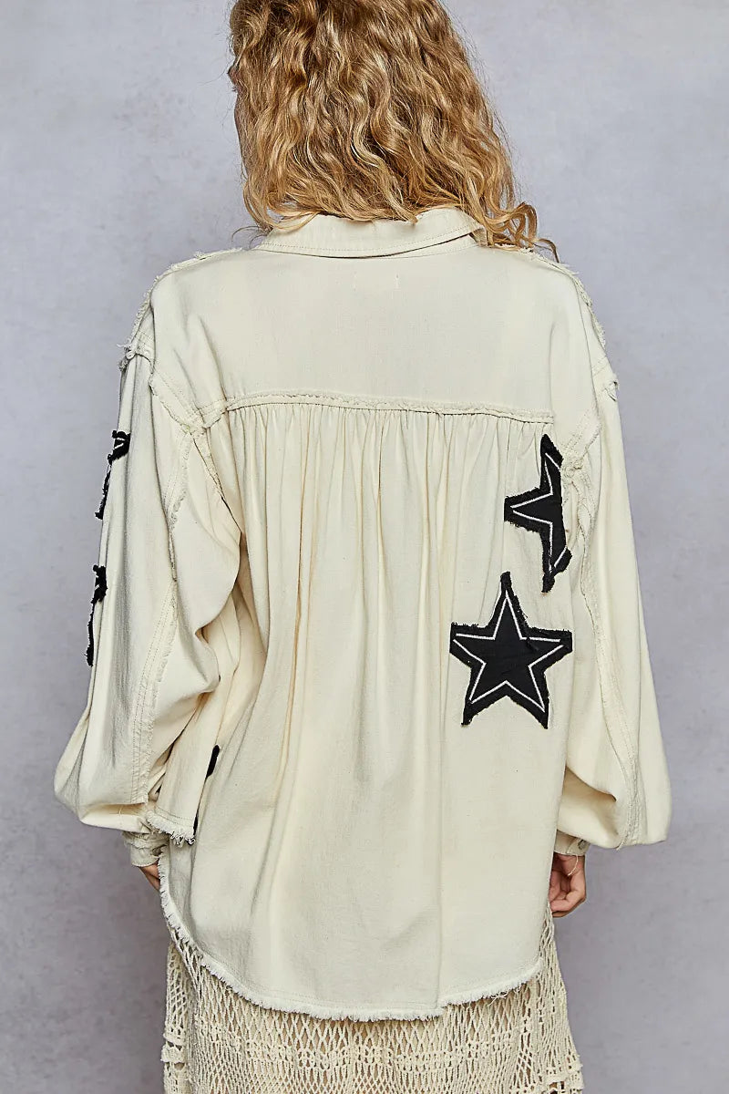 POL Cream Star Patch Raw Hem Button Up Twill Denim Ballon Sleeve Jacket
