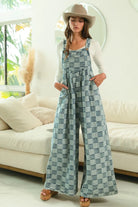 BiBi Denim Washed Vintage Checker Wide Legs Overalls