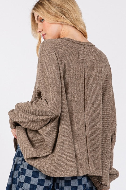 SAGE + FIG Round Neck Batwing Sleeve Oversize Top in Coffee Brown Shirts & Tops