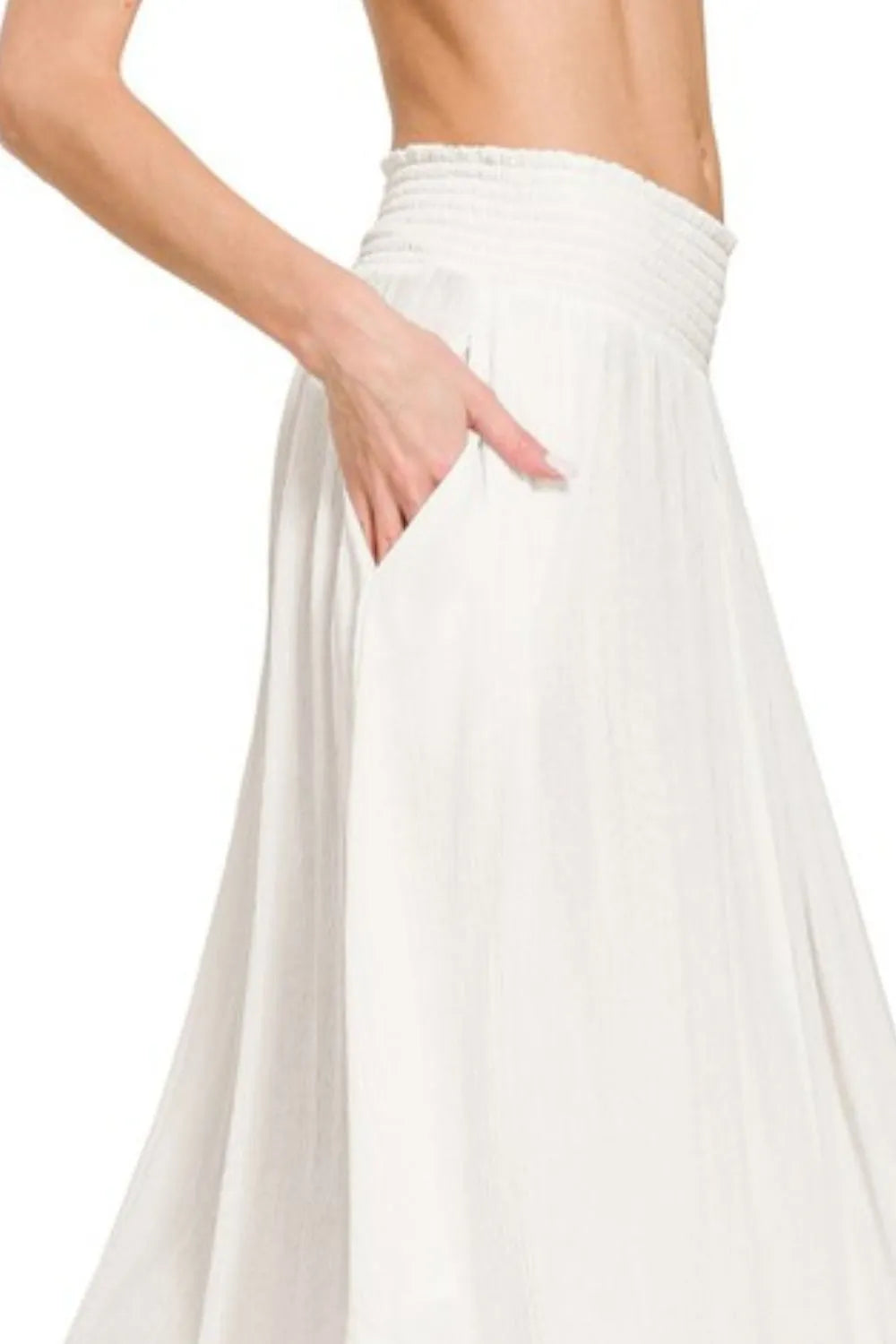 Zenana Light Gray Woven Crinkle Smocked Waist Maxi Skirt W Pockets