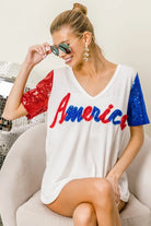 BiBi Metallic Letter America V-neck Sequin Sleeves Top
