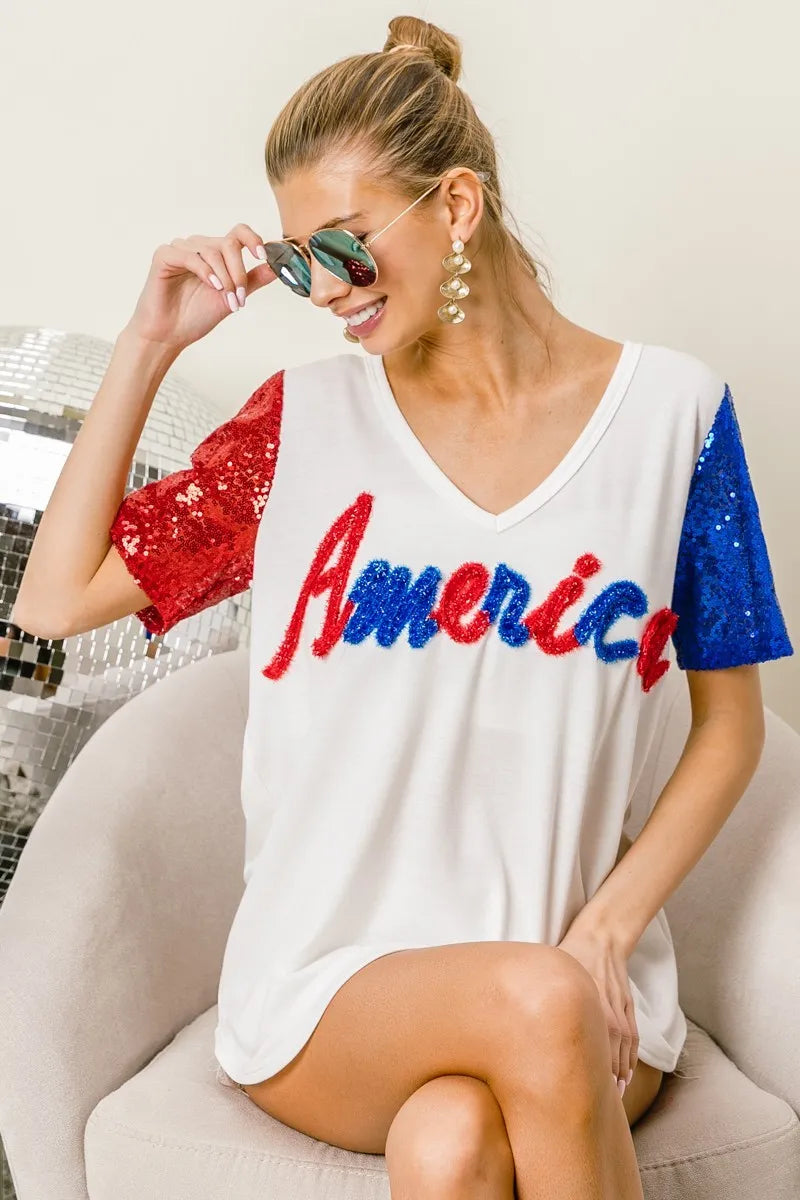 BiBi Metallic Letter America V-neck Sequin Sleeves Top