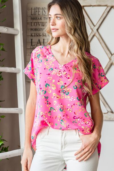 Heimish Pink Multi Color Animal print V-Neck Short Sleeve Blouse