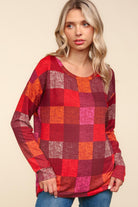 Haptics Burgundy Long Sleeve Checker Plaid Soft Hacci Knit Top