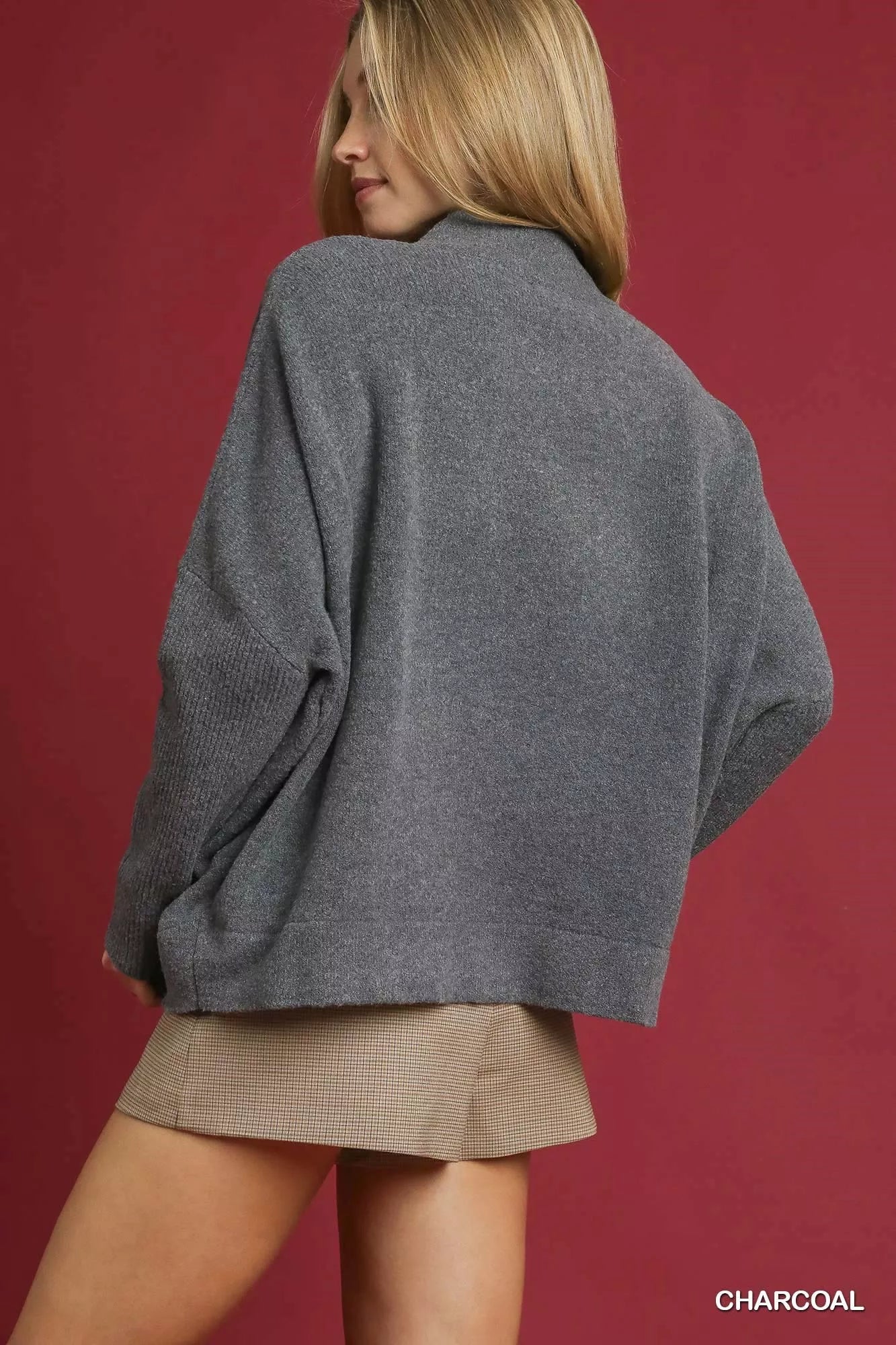 Umgee Charcoal V-Neck Sweater with Wide Trim Detail