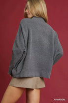 Umgee Charcoal V-Neck Sweater with Wide Trim Detail