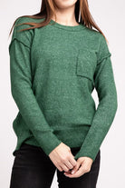 Zenana 9 Colors Melange Hi-Low Hem Round Neck Chest Pocket Sweater H DK GREEN Shirts & Tops