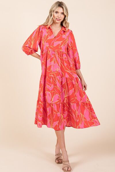 Mittoshop Coral Tiered Printed Collared Neck Midi Dress