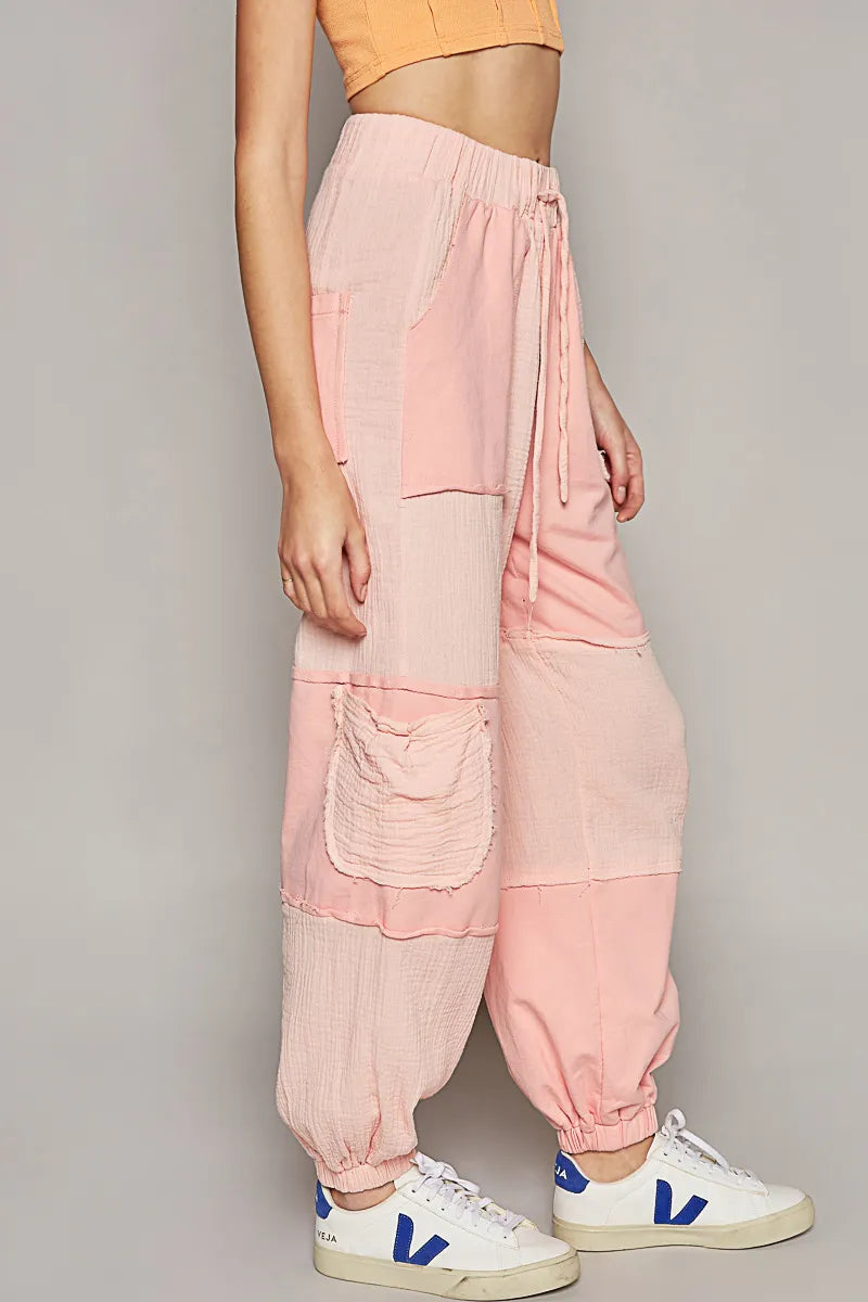 POL Blush Pink Drawstring Pocketed Contrast Linen Cargo Jogger Pants