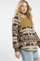 Umgee Brown Aztec Print Sherpa Pullover