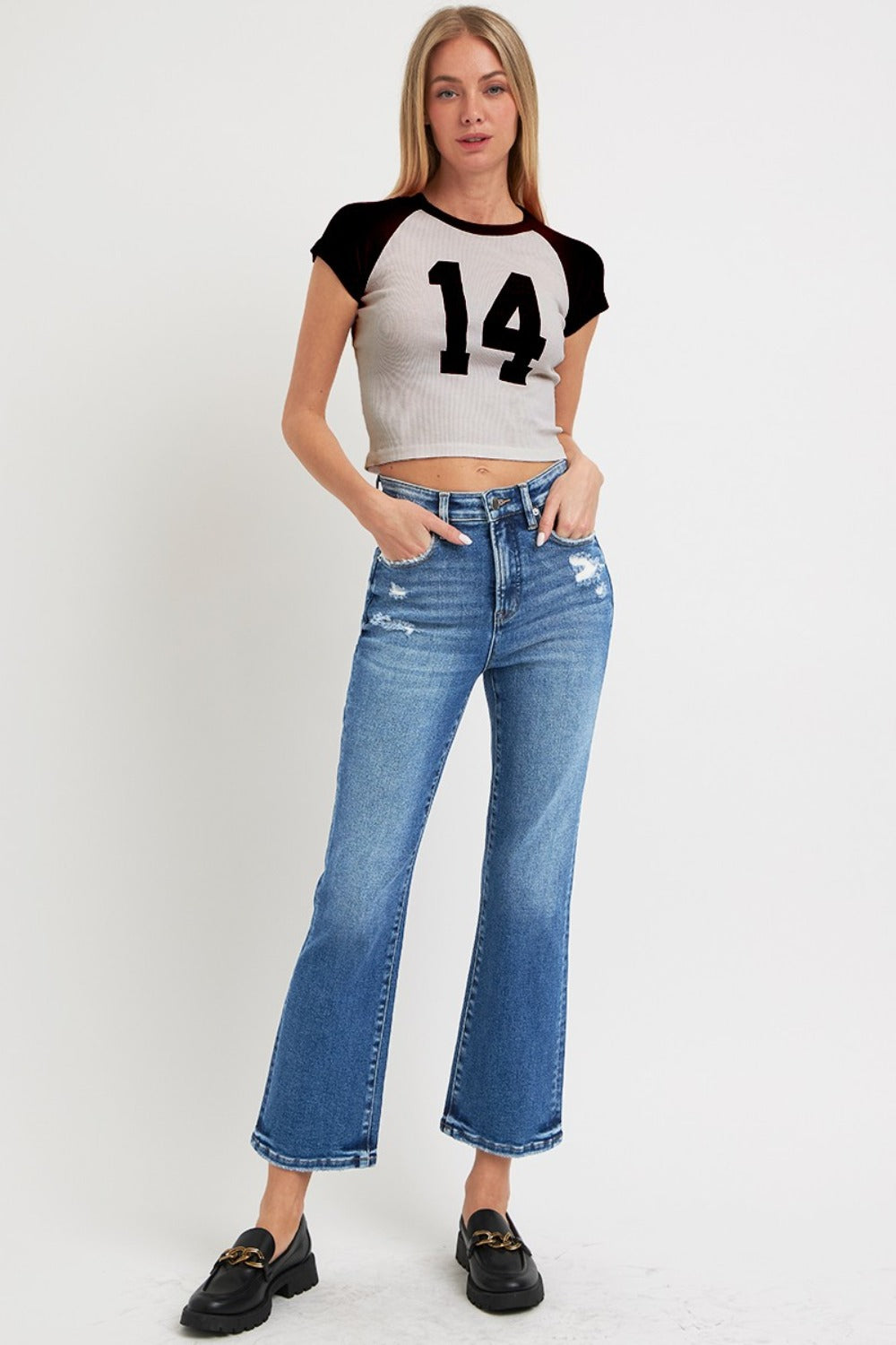 RISEN Dark Washed Tummy Control High Rise Crop Bootcut Jeans Trendsi