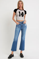 RISEN Dark Washed Tummy Control High Rise Crop Bootcut Jeans