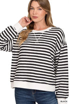 Zenana Striped Round Neck Sweatshirt BLACK
