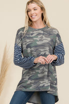 Celeste Camo Print High-Low T-Shirt with Stripe Sleeves Olive Camo