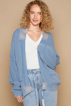 POL Open Front Washed Knit Cardigan with Pockets Dream Blue Trendsi