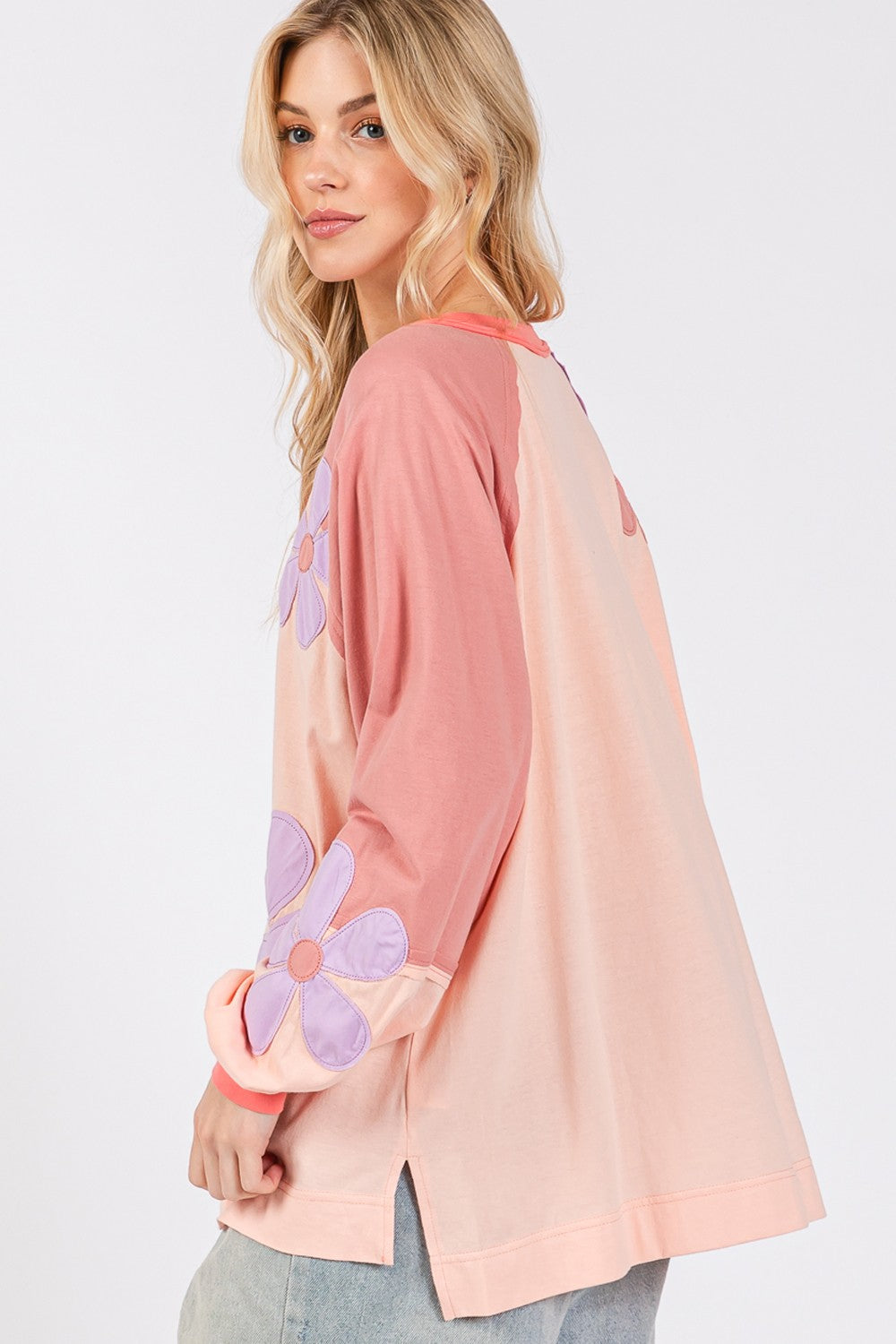 SAGE + FIG Blush Daisy Applique Patch Color Block Long Sleeve Top Trendsi