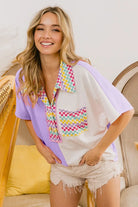 BiBi Lavender Color Block Knit with Multi Checker Contrast Top
