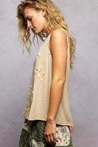 POL Wheat Beige Washed Ribbed V-Neck Tank with Floral Print Star Patch
